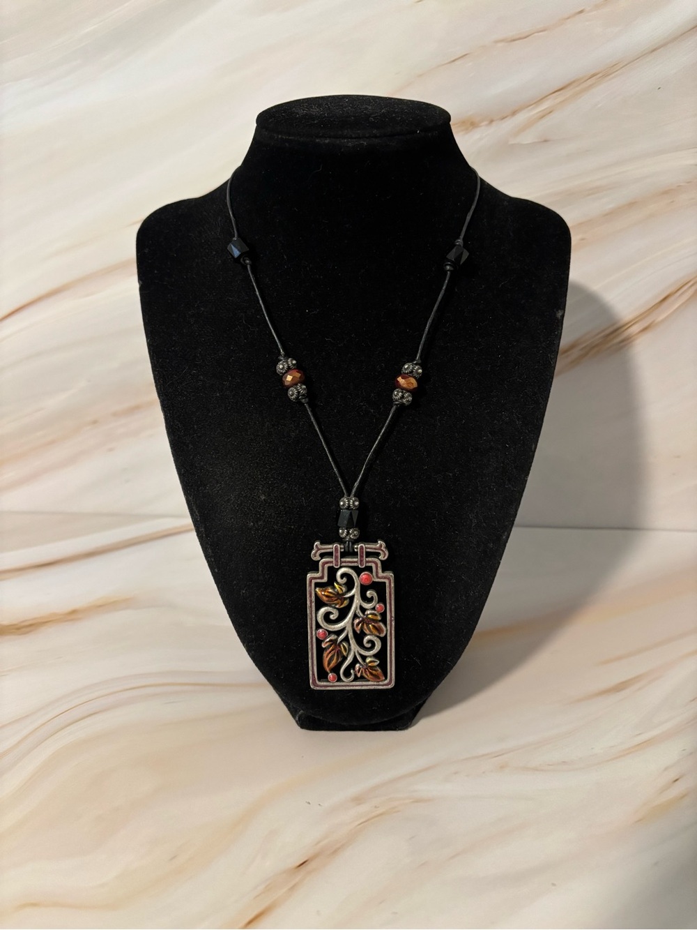 Chico’s Black Cord Pendant Necklace with Multicolor Enamel Accent 16”+3.5”
